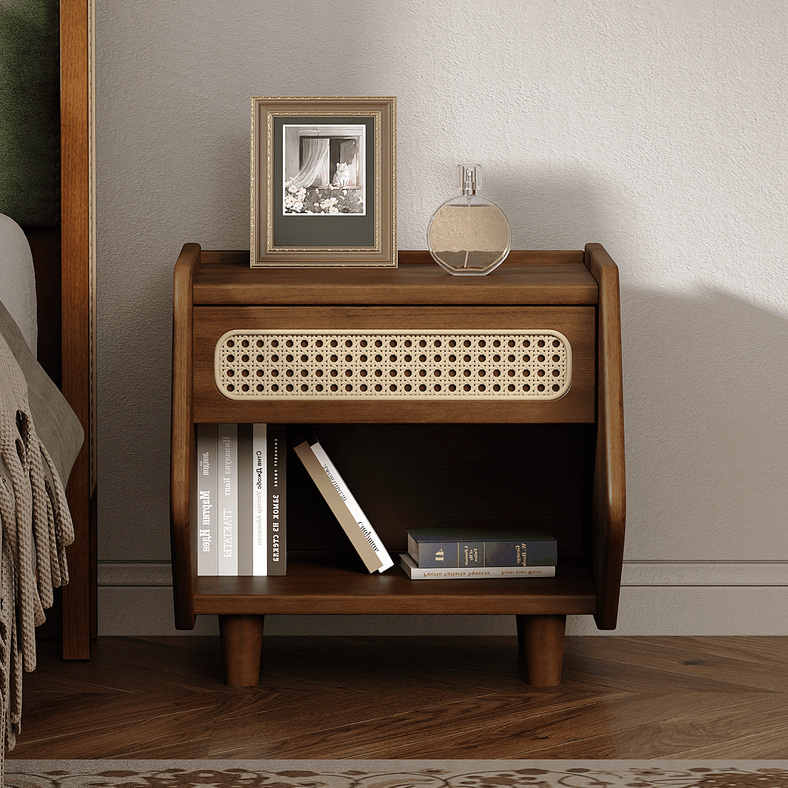 Walnut Nightstand With Rattan Detail, MDF Solid Wood, Modern Bedroom Storage, Open Shelf & Drawer, Indoor Furniture