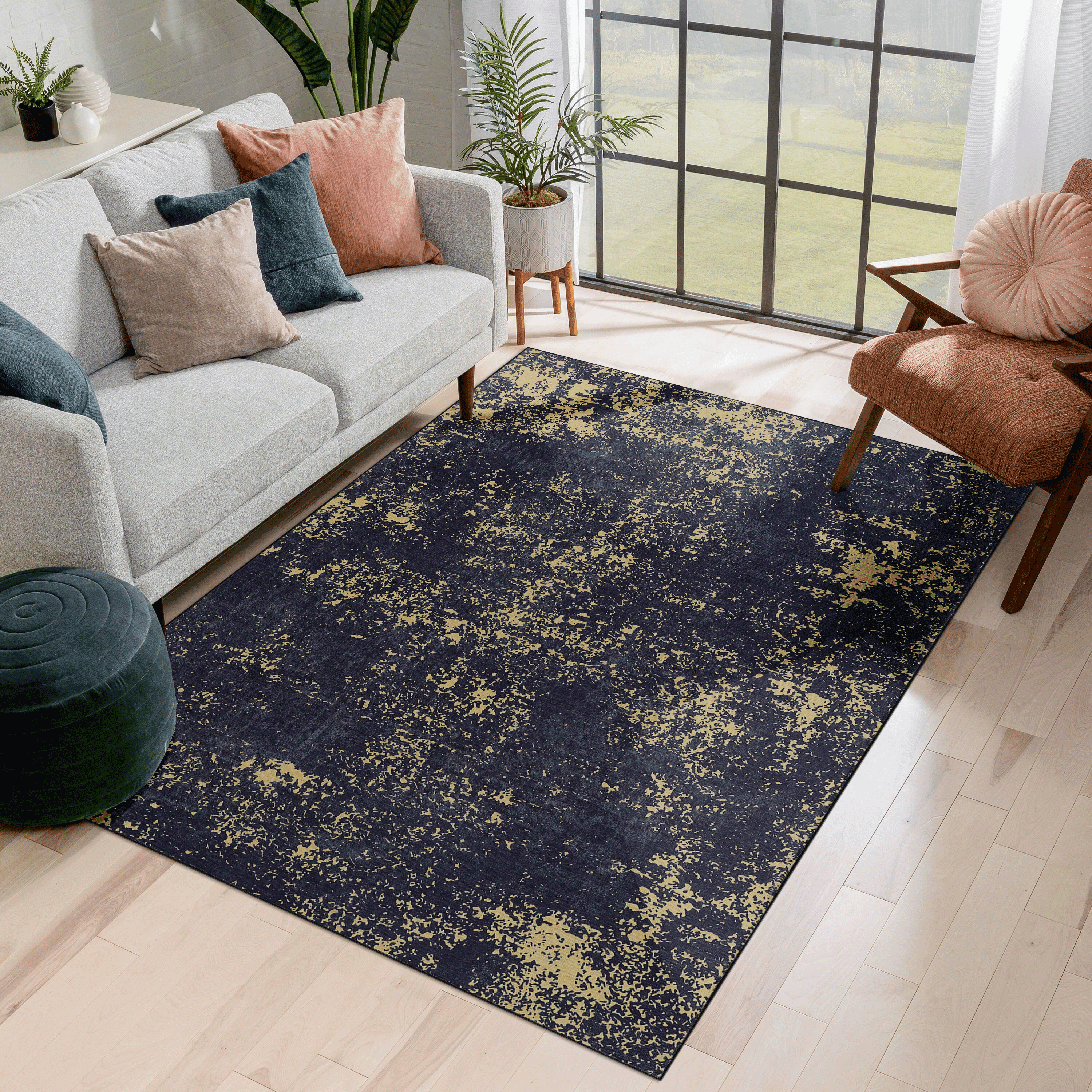 MAVAL Black Washable Rug 6x9 Area Rug Black Gold, 6' X 9'