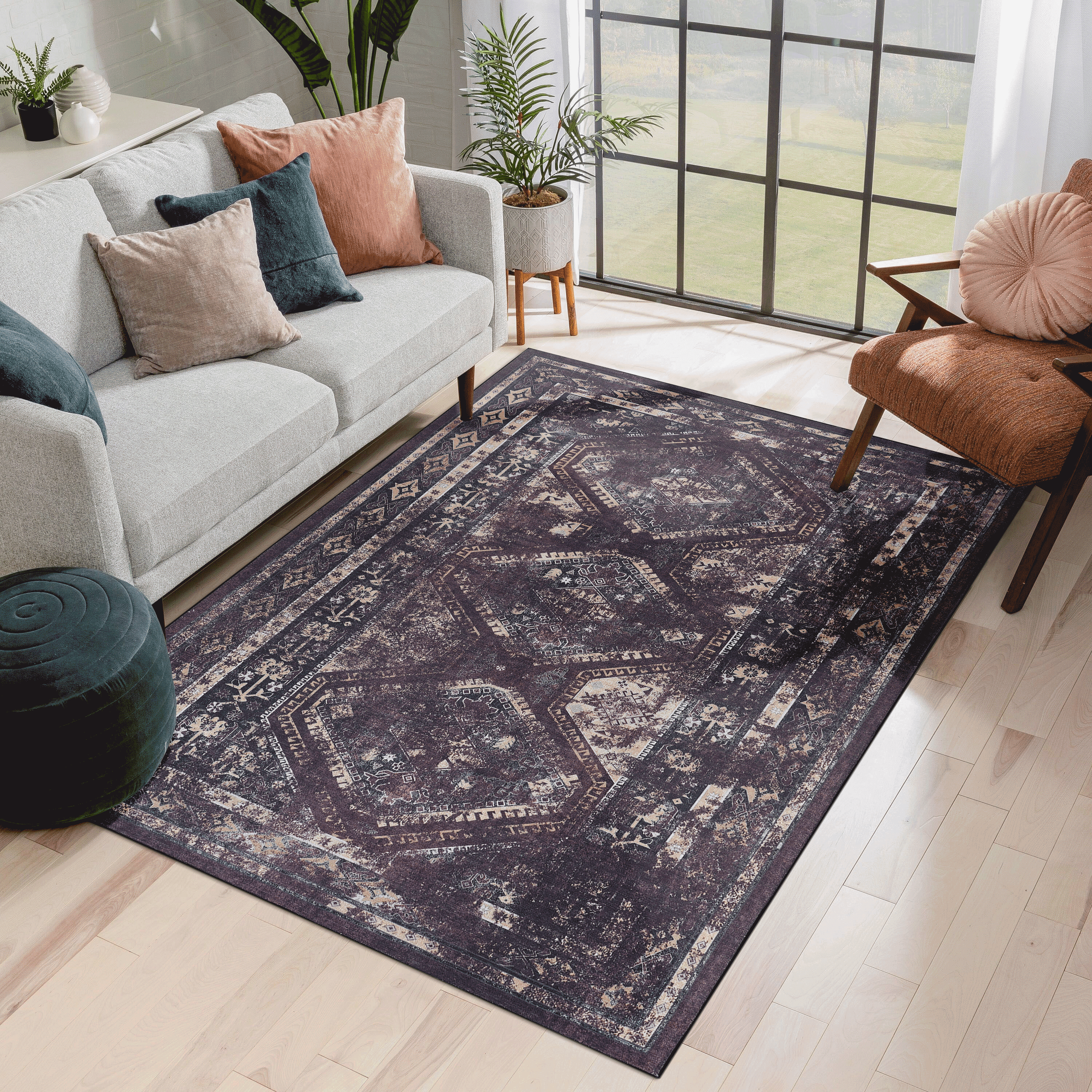 MAVAL Black Washable Rug 6' X 9' Runner Rug Black Burgundy, 6' X 9'
