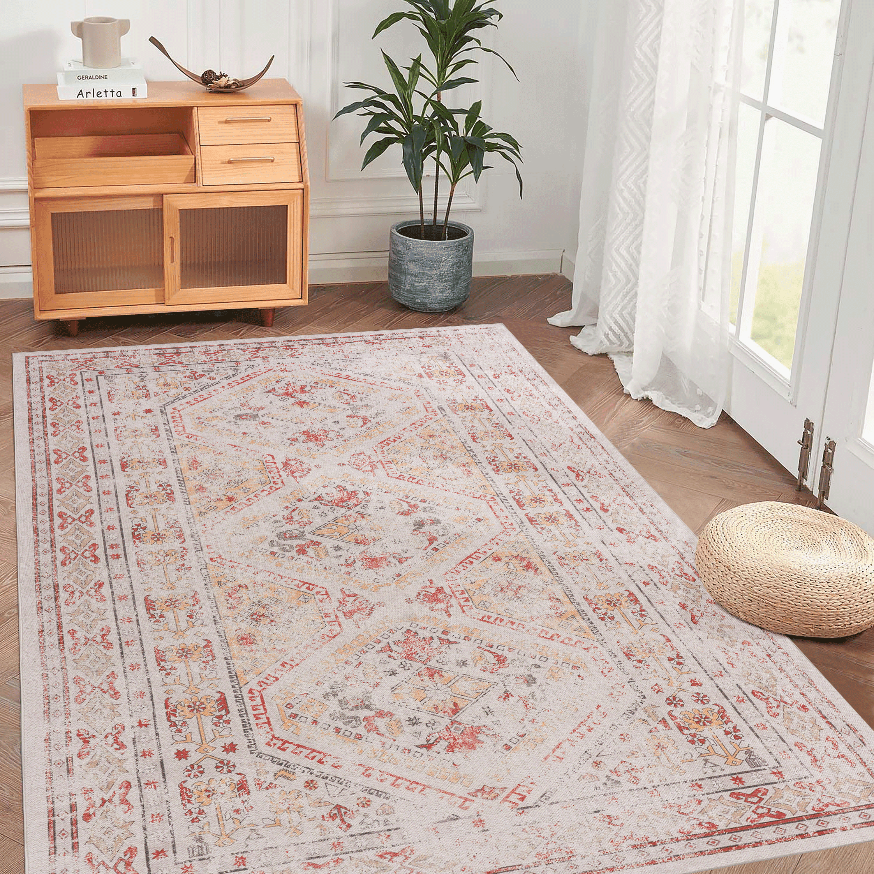 MAVAL Beige Washable Rug 6x9 Area Rug Beige, 6' X 9'