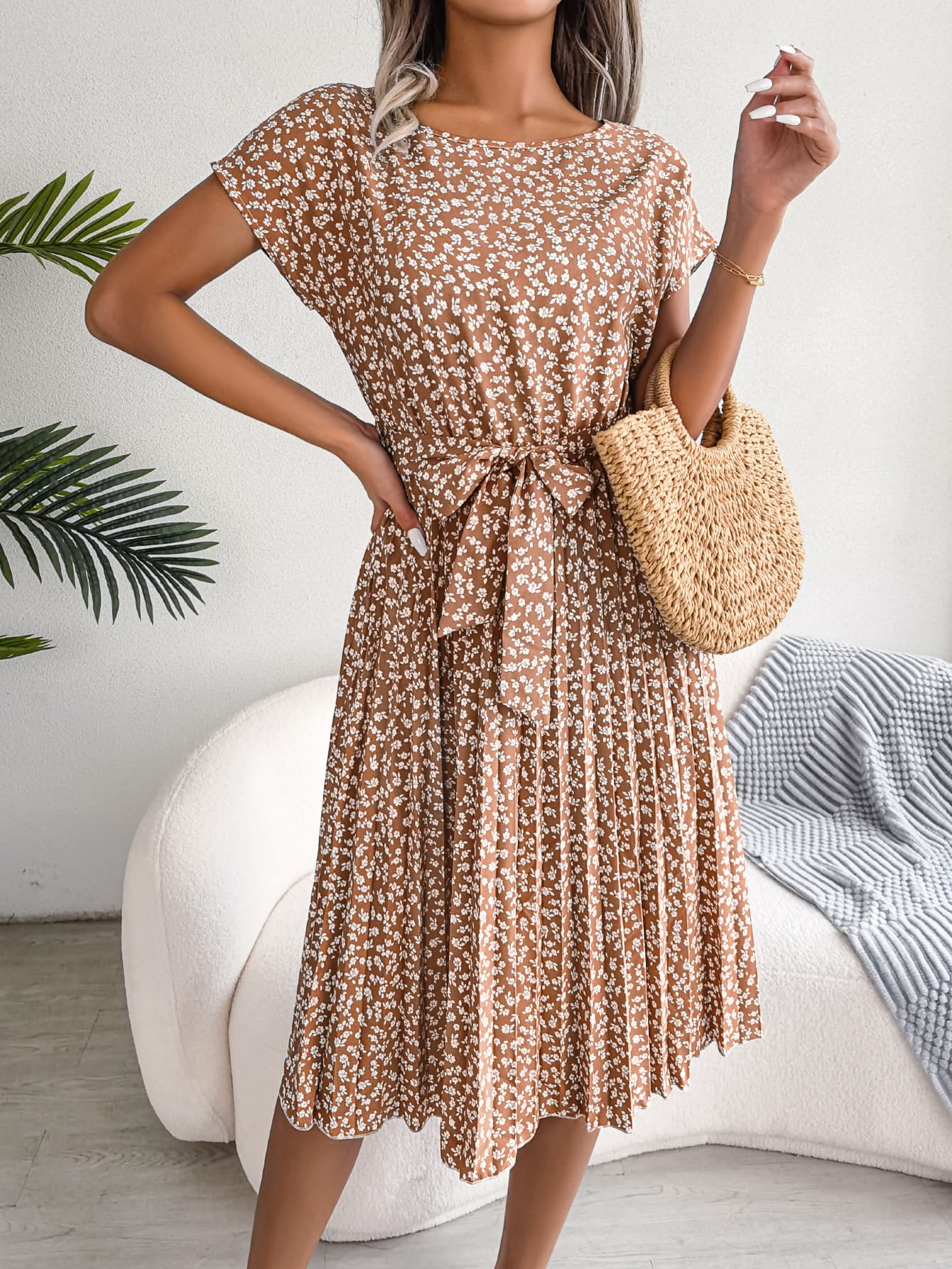 Women Casual Short Sleeve Floral Print Flowy Pleated Skirt