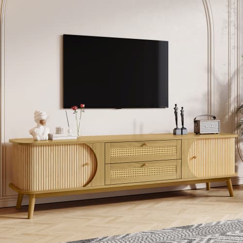 Rattan TV Stand For TVs Up To 75'', Modern Farmhouse Media Console, Entertainment Center With Solid Wood Legs, TV Cabinet For Living Room,Home Theatre
