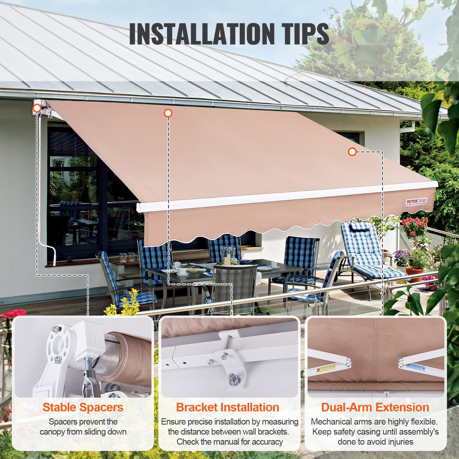 Manual Retractable Awning, 12 X 10 Ft Outdoor Patio Awning Retractable Sun Shade, Water-Resistant Polyester Patio Door Window Awning Sunshade Shelter With Crank Handle For Backyard, Balcony