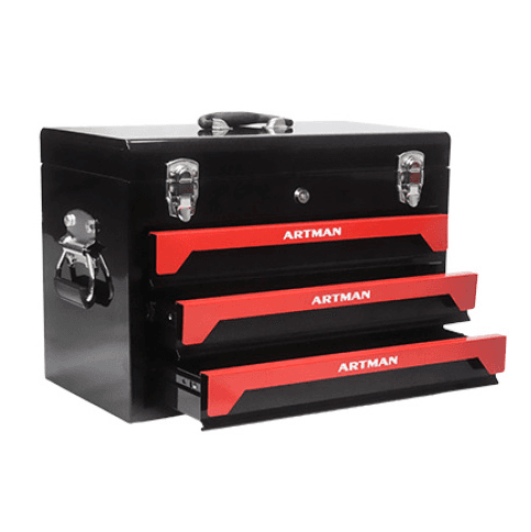 20 Portable 3 Drawer Steel Tool Box With Metal Latch Closure, Black Red