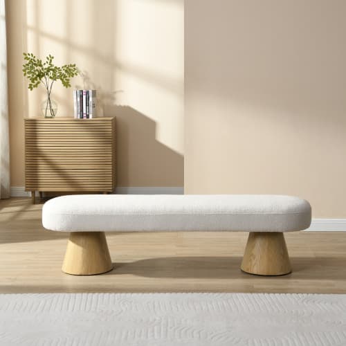 Dining Bench For Dining Room, Upholstered Bedroom End Of Bed Entryway Bench, Boucle Ottoman For Living Room, 64L Beige Stool Top Wood Leg 300 LBS Weight Capacity