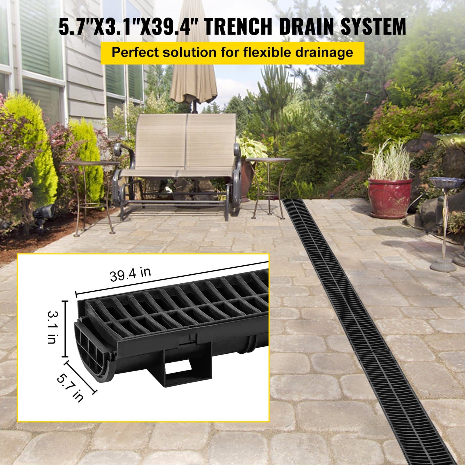 Trench Drain System, 5.7x3.1x39-Inch HDPE Drainage Trench,Channel Drain With Plastic Grate, Black Plastic Garage Floor Drain, 3x39 Trench Drain Grate, For Garden, Driveway-3 Pack