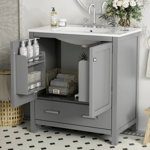 30 Gray Bathroom Vanity With Single Sink, Combo Cabinet Undermount Sink, Bathroom Storage Cabinet With 2 Doors And A Drawer, Soft Closing, Multifunctional Storage, Solid Wood Frame