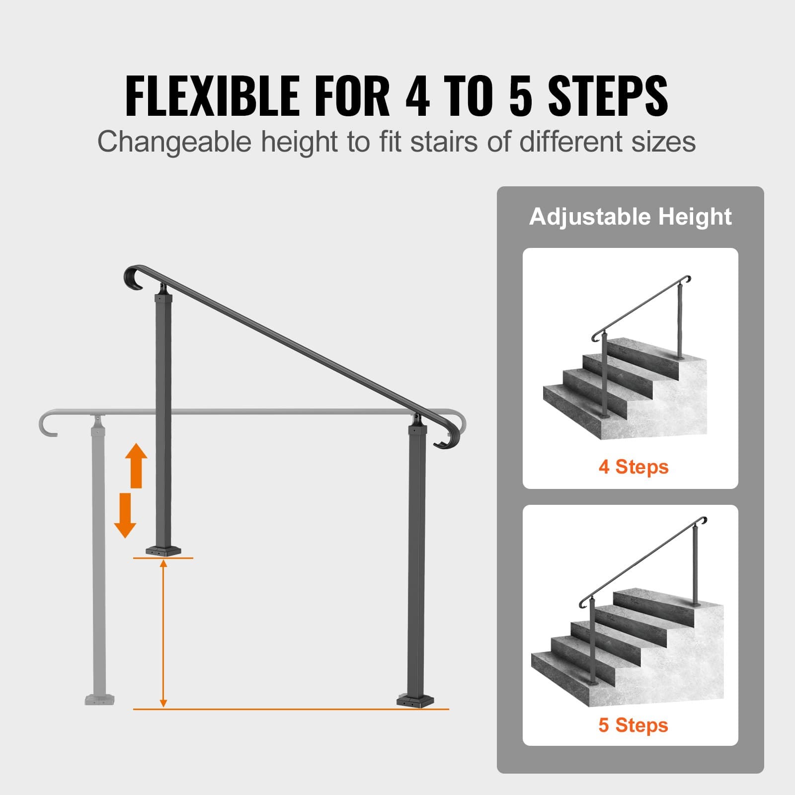 Handrails For Outdoor Steps, Fit 3-5 Steps Outdoor Stair Railing, Wrought Iron Handrail, Flexible Front Porch Hand Rail, Black Transitional Hand Railings For Concrete Steps Or Wooden Stairs