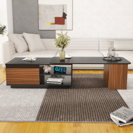 Extendable Coffee Table, Length Adjustable Wood Coffee Table With 2 Storage Drawers For Living Room, Large Long Rectangular Center Table