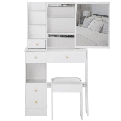 29.2 Small Space Left Drawer Desktop Vanity Table Cushioned Stool, Extra Large Right Sliding Mirror, Multi Layer High Capacity Storage, Practical Fashionable Dresser, Suitable For Small Space