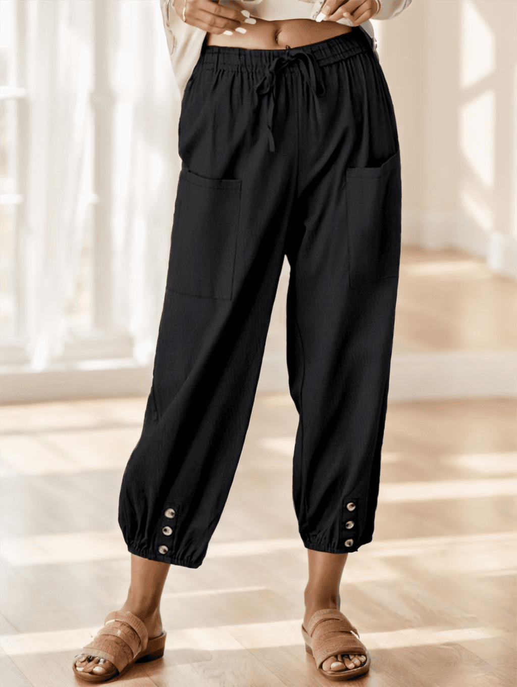 Wide Leg Capri Pants, Loose Casual Drawstring Waist Pants, Women's Clothing