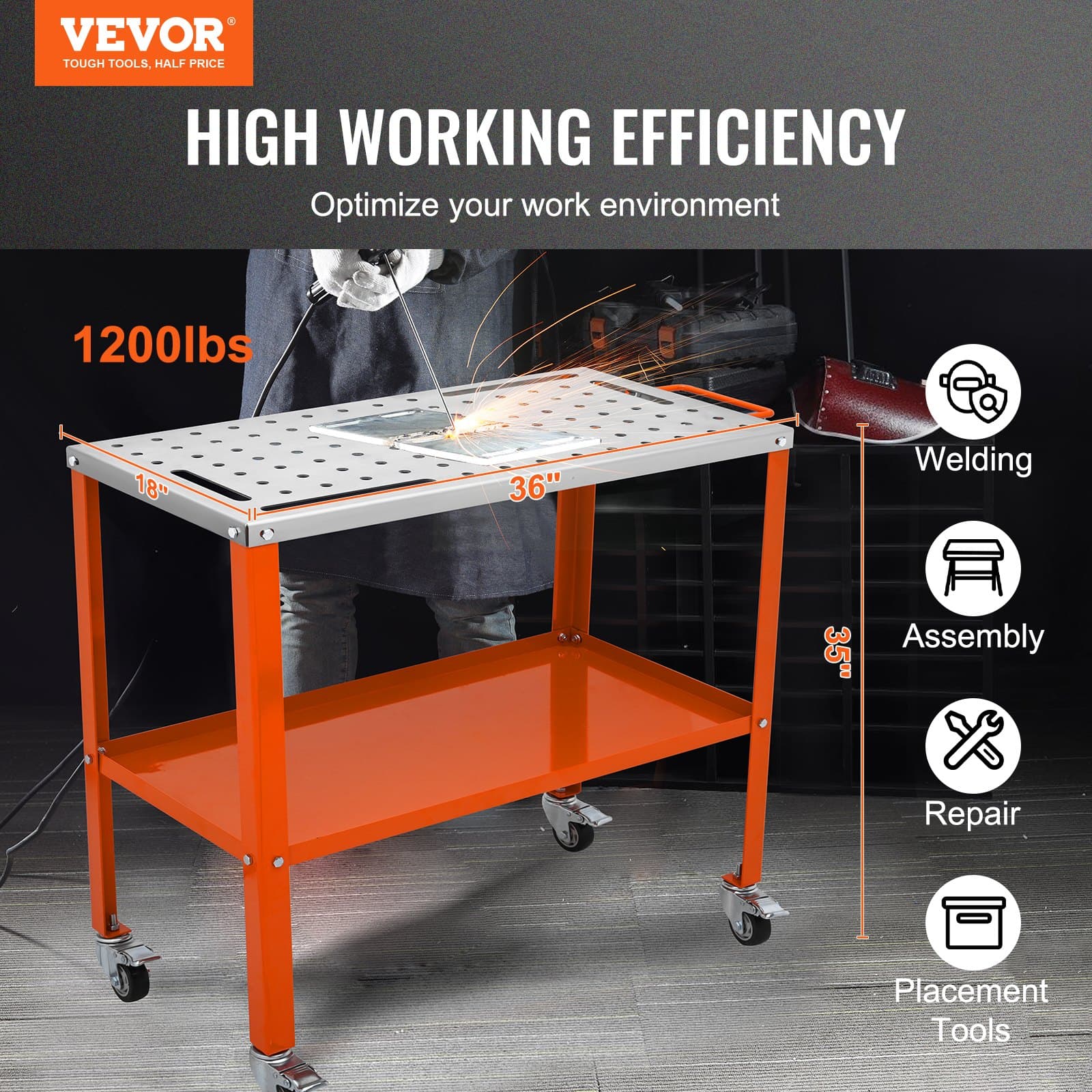 Welding Table, 1200lbs Load Capacity Steel Welding Workbench Table On Wheels, Portable Work Bench With Braking Lockable Casters, 4 Tool Slots,