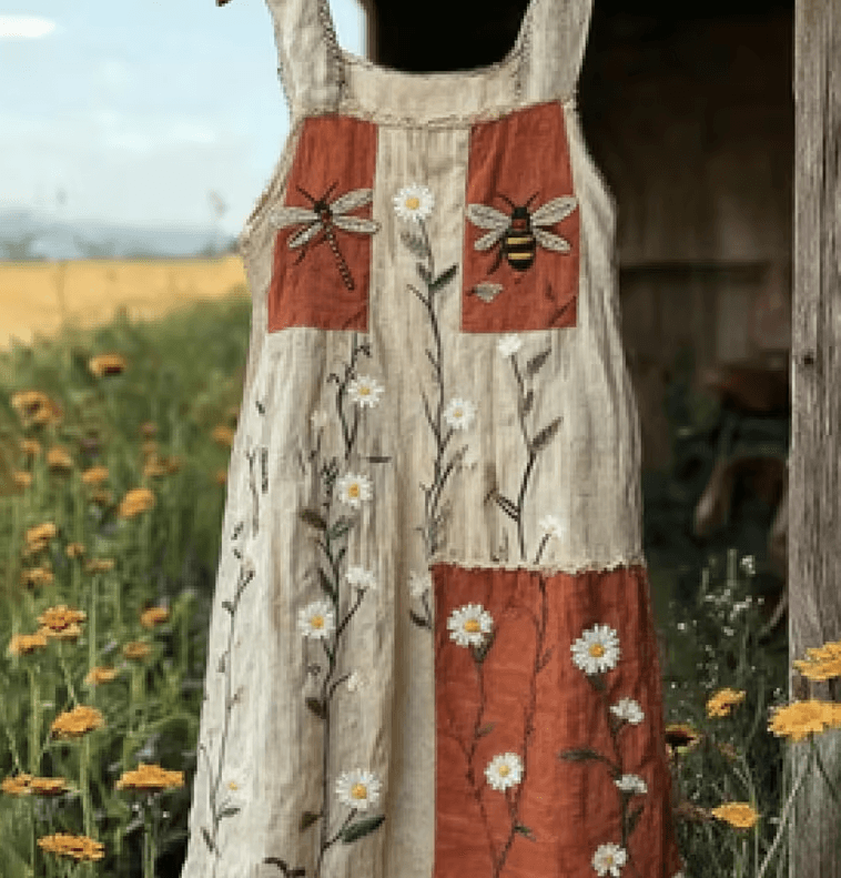 Color-blocked Floral Print Camisole Loose Midi Dress Women's Sleeveless Pastoral Style Dress