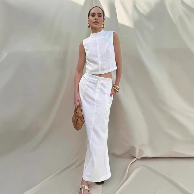 White Cotton Linen Sleeveless Stand Collar Top Slit Loose Long Skirt Two-piece Set