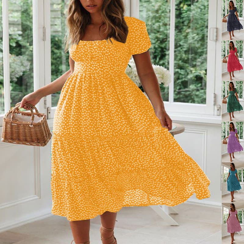 Square Collar Short Sleeve Dress Summer Puff Floral Printed Dress Long Dresses