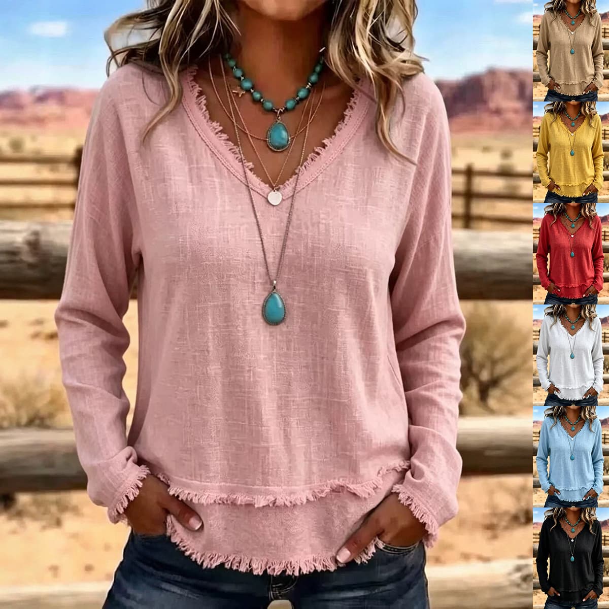 V-Neck Long Sleeve T-Shirt With Tassel Women's Loose Fit Casual Top For Daily Wear Clothing