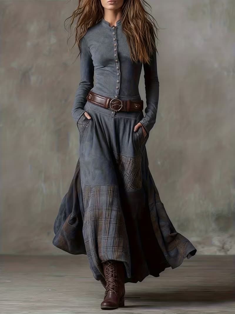 Casual Stand-up Collar Button-down Plaid Patchwork Slim-fit Dress