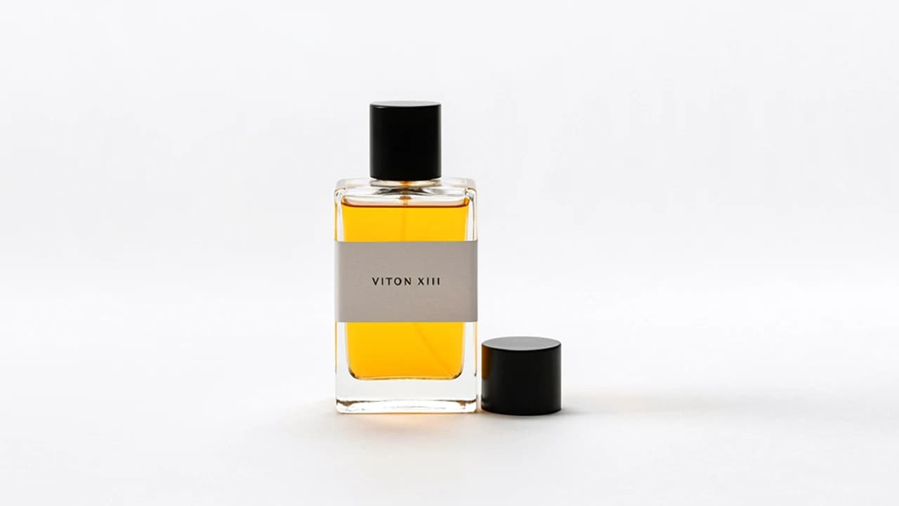 Glass VITON XIII perfume bottle with amber liquid and a black cap beside it