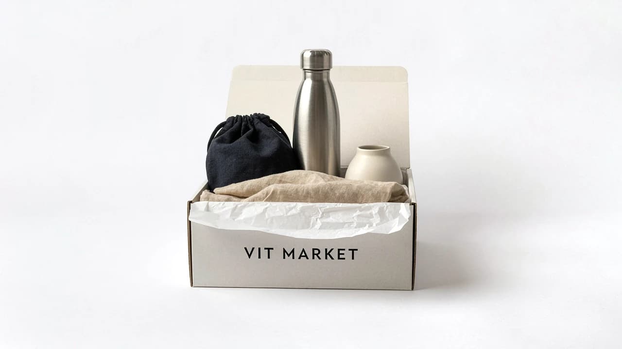 Open VIT MARKET box with a steel bottle, a dark pouch, a ceramic vase and folded linen