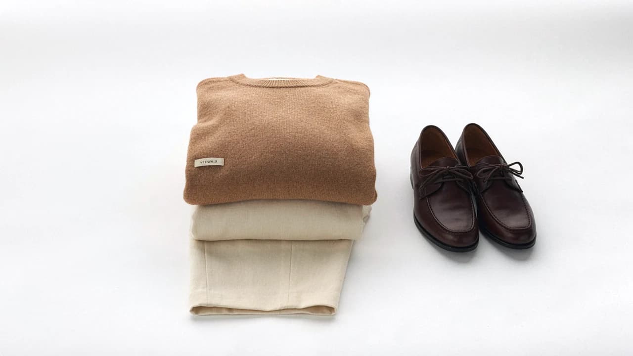 Folded camel cashmere sweater on cream trousers beside brown leather loafers