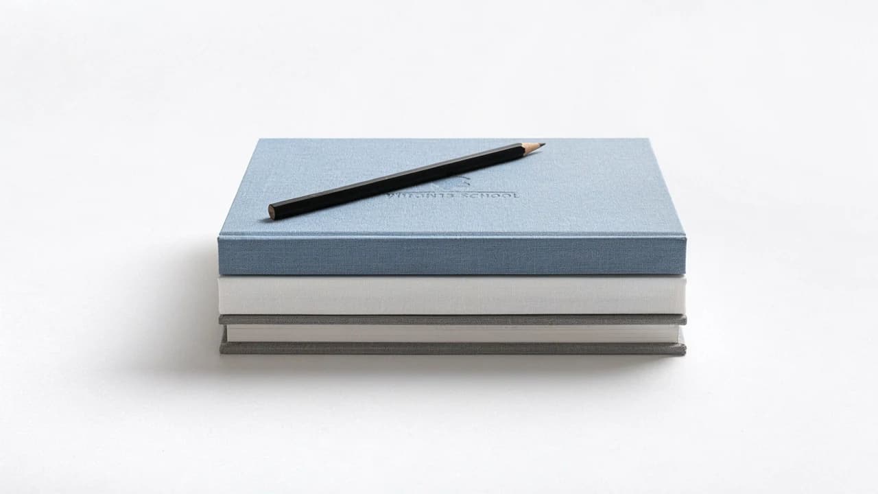 Three linen notebooks in blue, white and graphite stacked with a black pencil on top