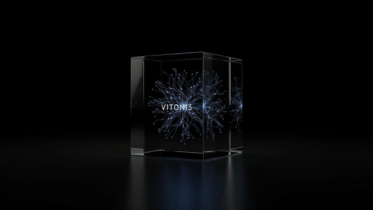 Glass cube with a glowing blue network of light inside and the VITON13 wordmark on its face