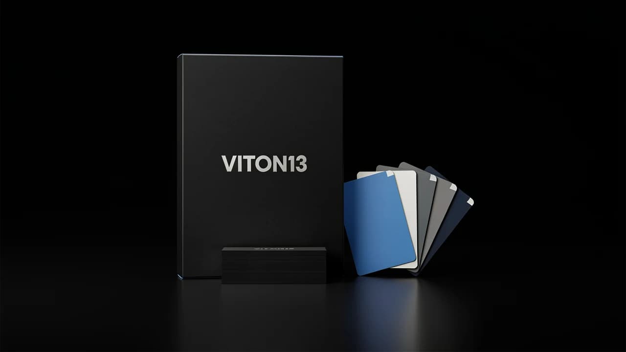 Black VITON13 identity box with business cards and a fan of blue, white and graphite swatches