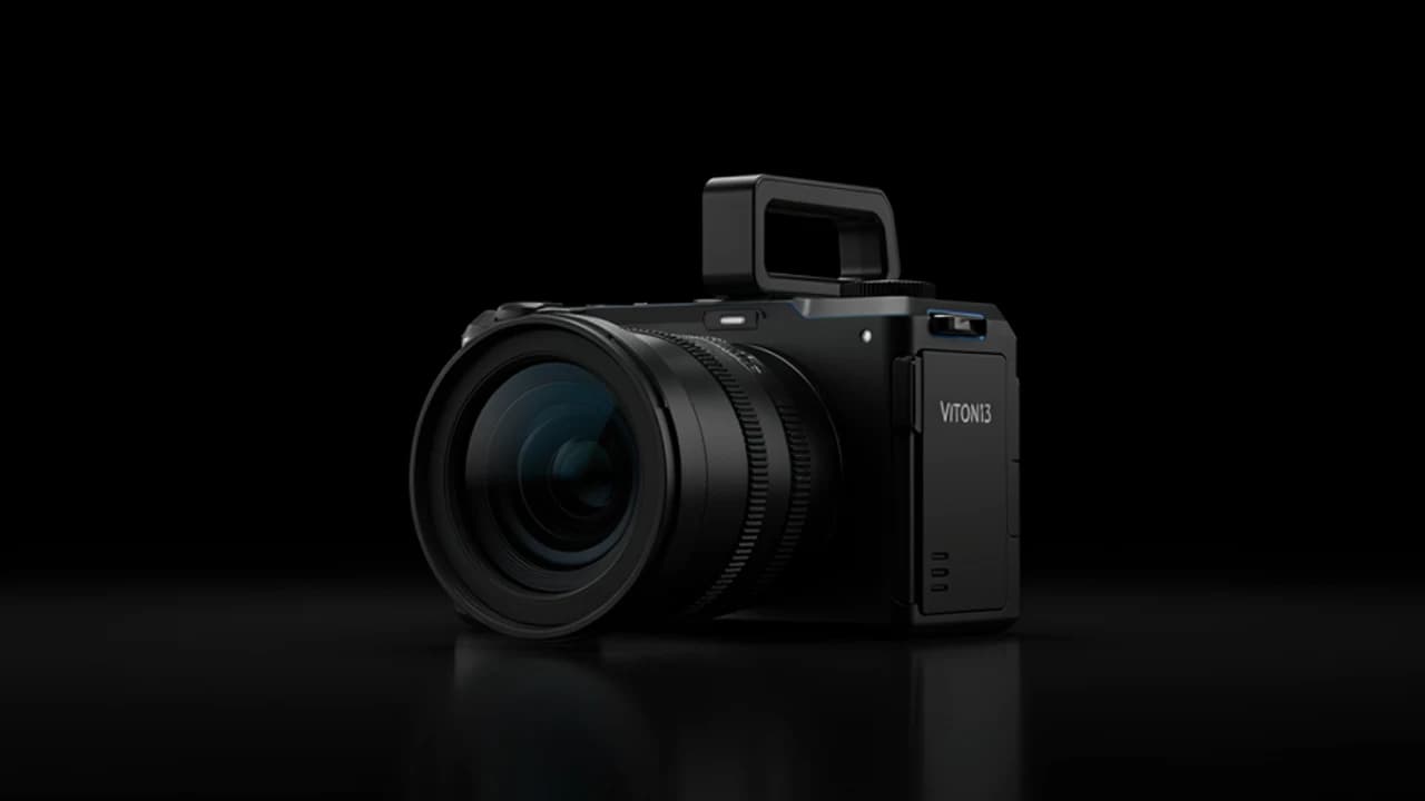 Black cinema camera with a large lens and the VITON13 wordmark on its body