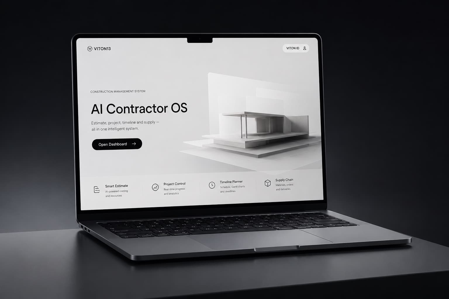 Ноутбук с интерфейсом AI Contractor OS для смет, управления объектом, графика и строительного снабжения