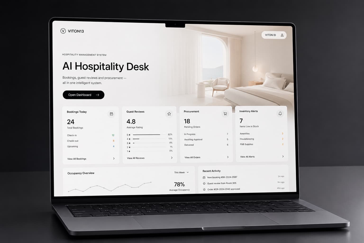 Ноутбук с интерфейсом AI Hospitality Desk: бронирования, отзывы гостей, закупки и загрузка отеля