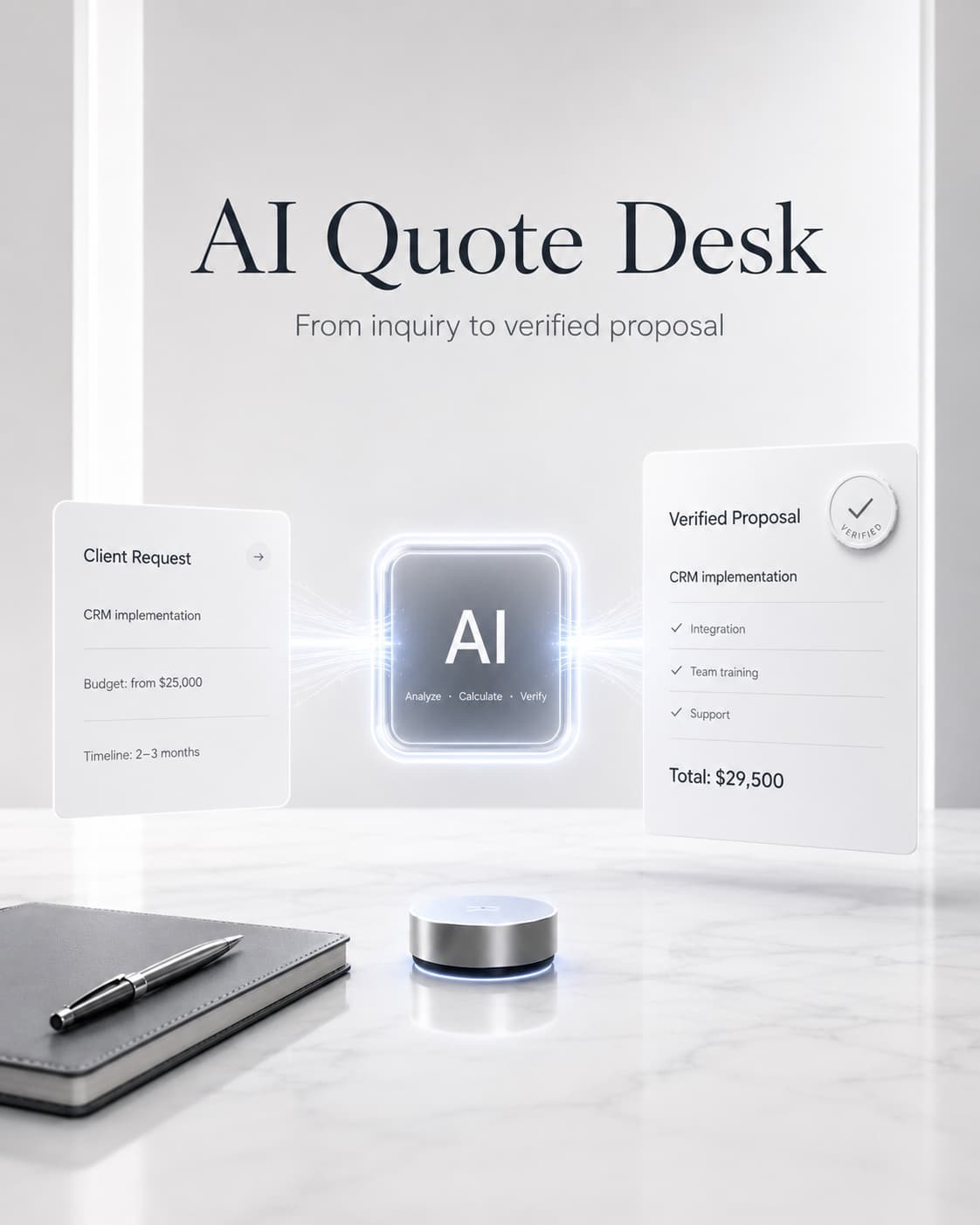 Светлая продуктовая сцена AI Quote Desk: заявка клиента проходит через AI-контур и превращается в проверенное коммерческое предложение