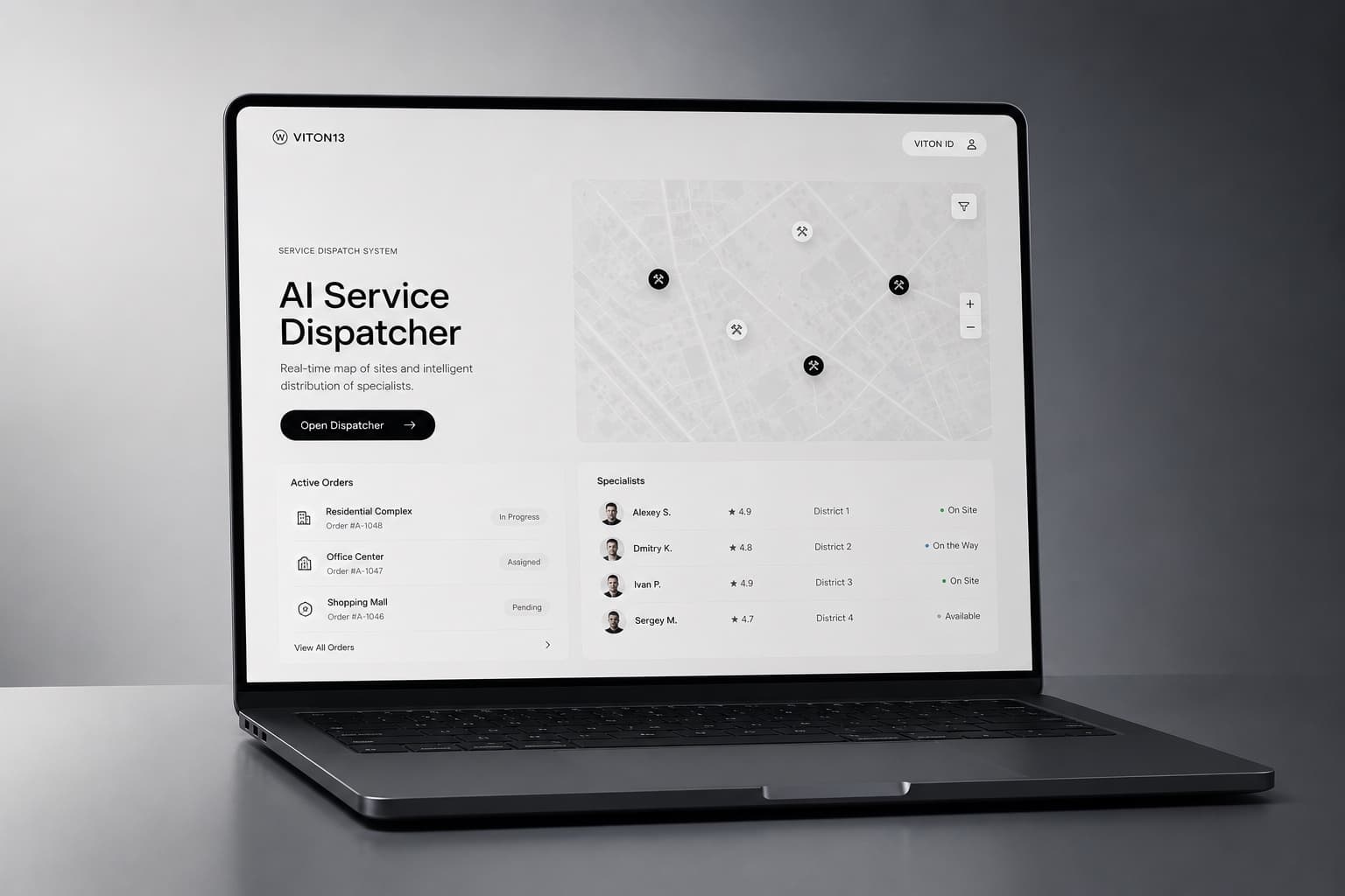 Ноутбук с интерфейсом AI Service Dispatcher, картой объектов, активными заявками и статусами выездных мастеров