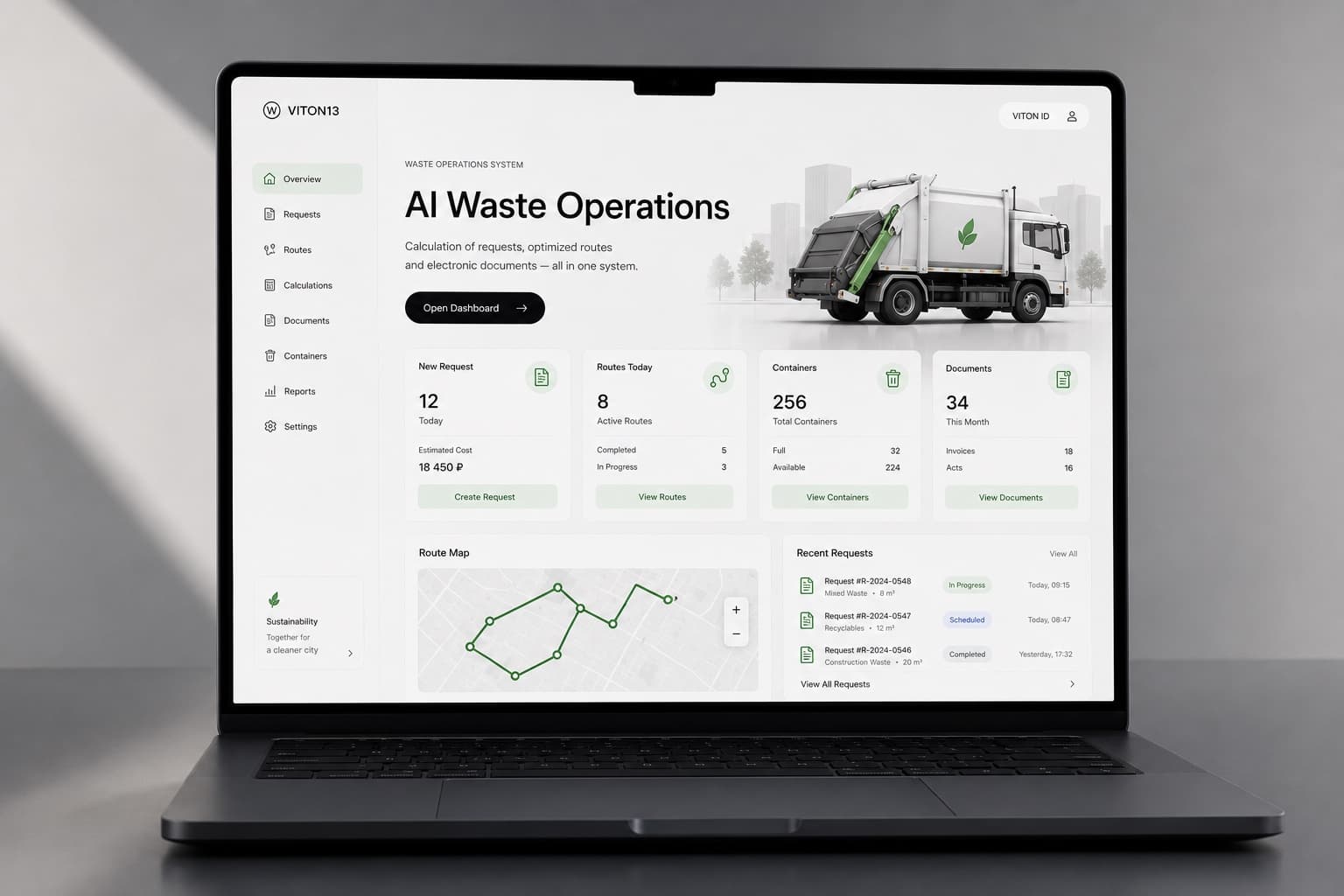 Ноутбук с интерфейсом AI Waste Operations: заявки, маршруты, контейнеры, документы и карта вывоза отходов