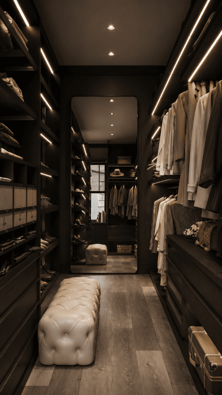 A capsule wardrobe in a warm-lit walk-in closet