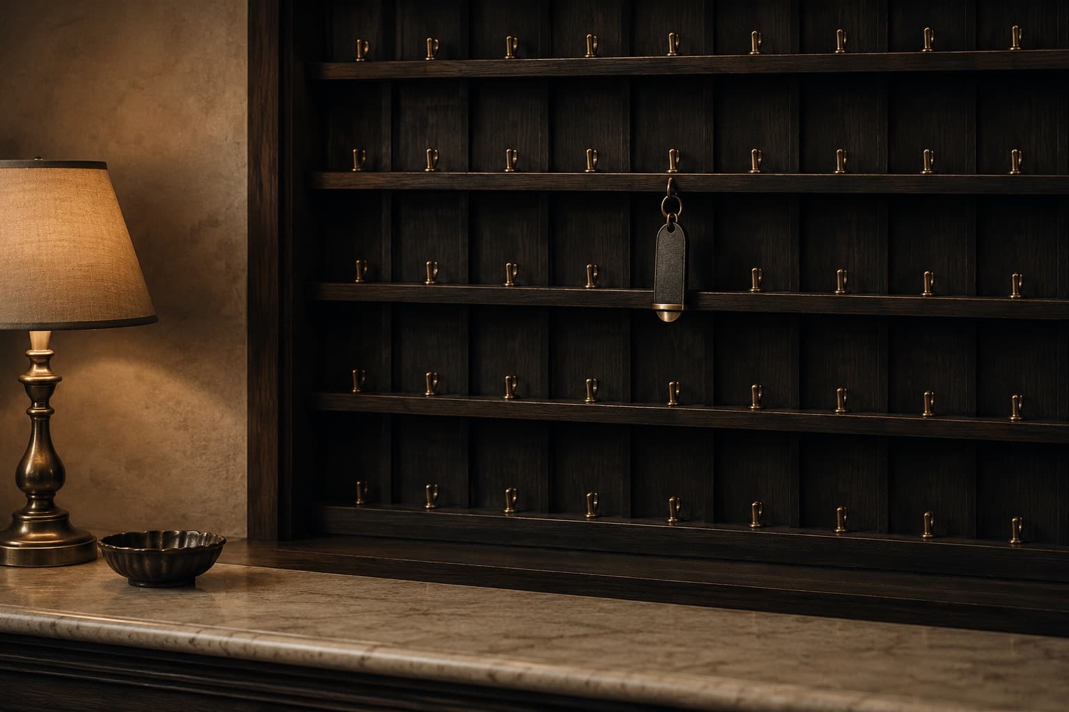 A dimly lit hotel reception: a dark wooden pigeonhole key rack fills the frame with rows of small brass hooks, one dark leather key fob hanging from a hook, a brass table lamp and a small dish on the marble counter in front