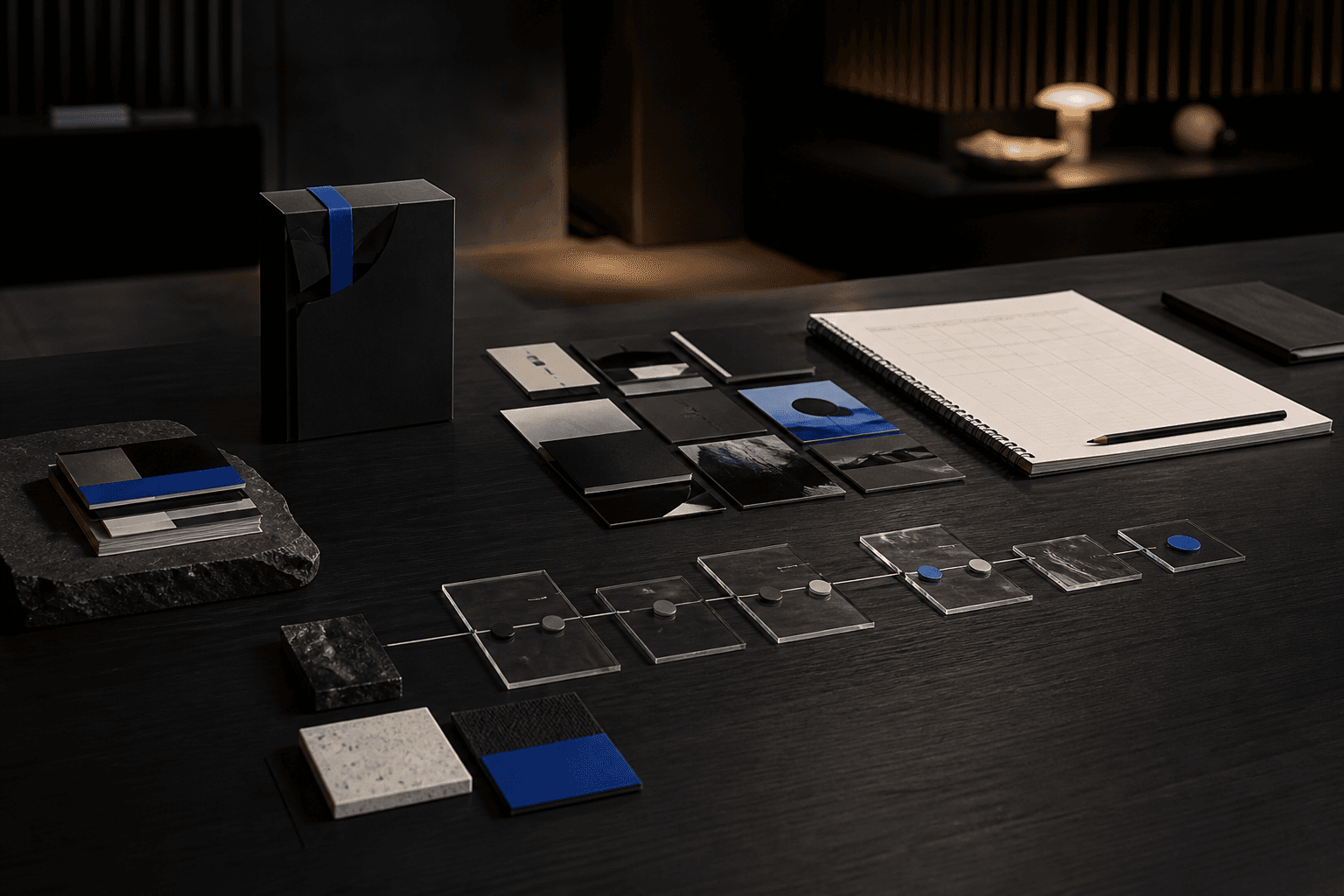 Una mesa de madera oscura con luz tenue sobre la que hay una caja de presentación azul marino con una cinta azul, una retícula de tarjetas impresas pequeñas, una hilera de placas de acrílico transparente unidas por discos grises y azules, una losa de piedra con folletos apilados y un cuaderno de espiral abierto con una cuadrícula vacía y un lápiz atravesado