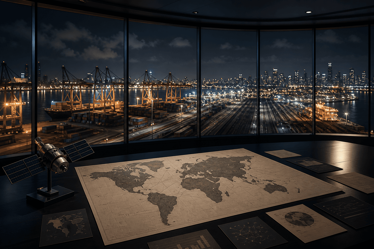 Large paper world map spread across a dark table beside a satellite model and printed chart sheets, with a lit container port and city skyline through the curved windows behind it