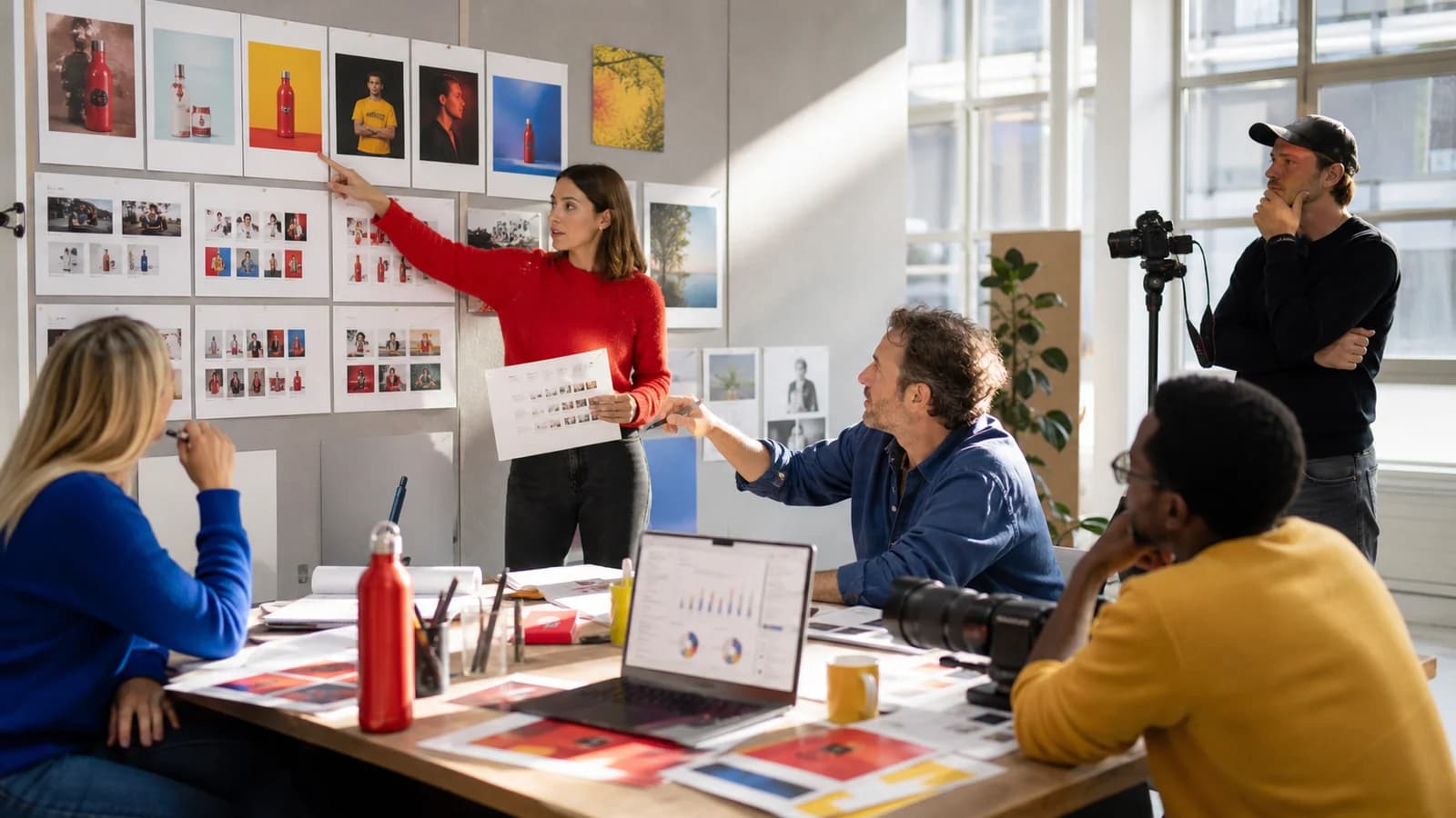 A bright studio meeting room: a woman in a red jumper stands pointing at a wall of printed campaign photographs of a red bottle and portraits, three colleagues sit at a wooden table with a laptop showing charts, and a fourth man in a black cap stands by the window with arms folded, beside a camera on a tripod and printed layouts on the table