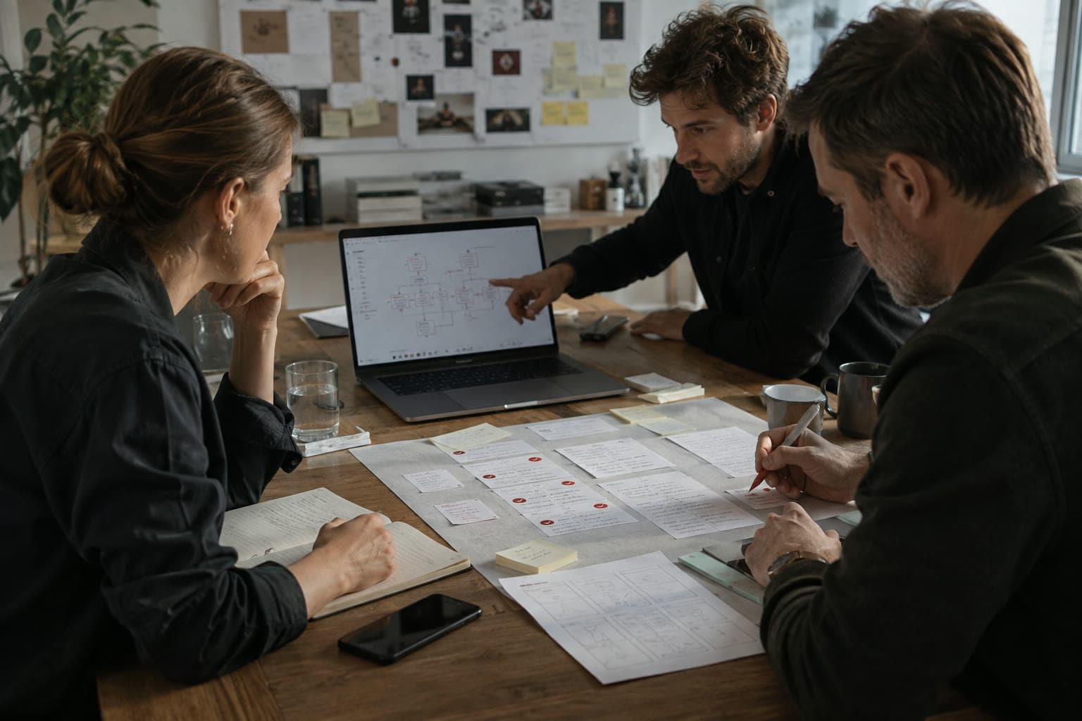 A three-person team reviewing a workflow diagram and approval cards around a working table