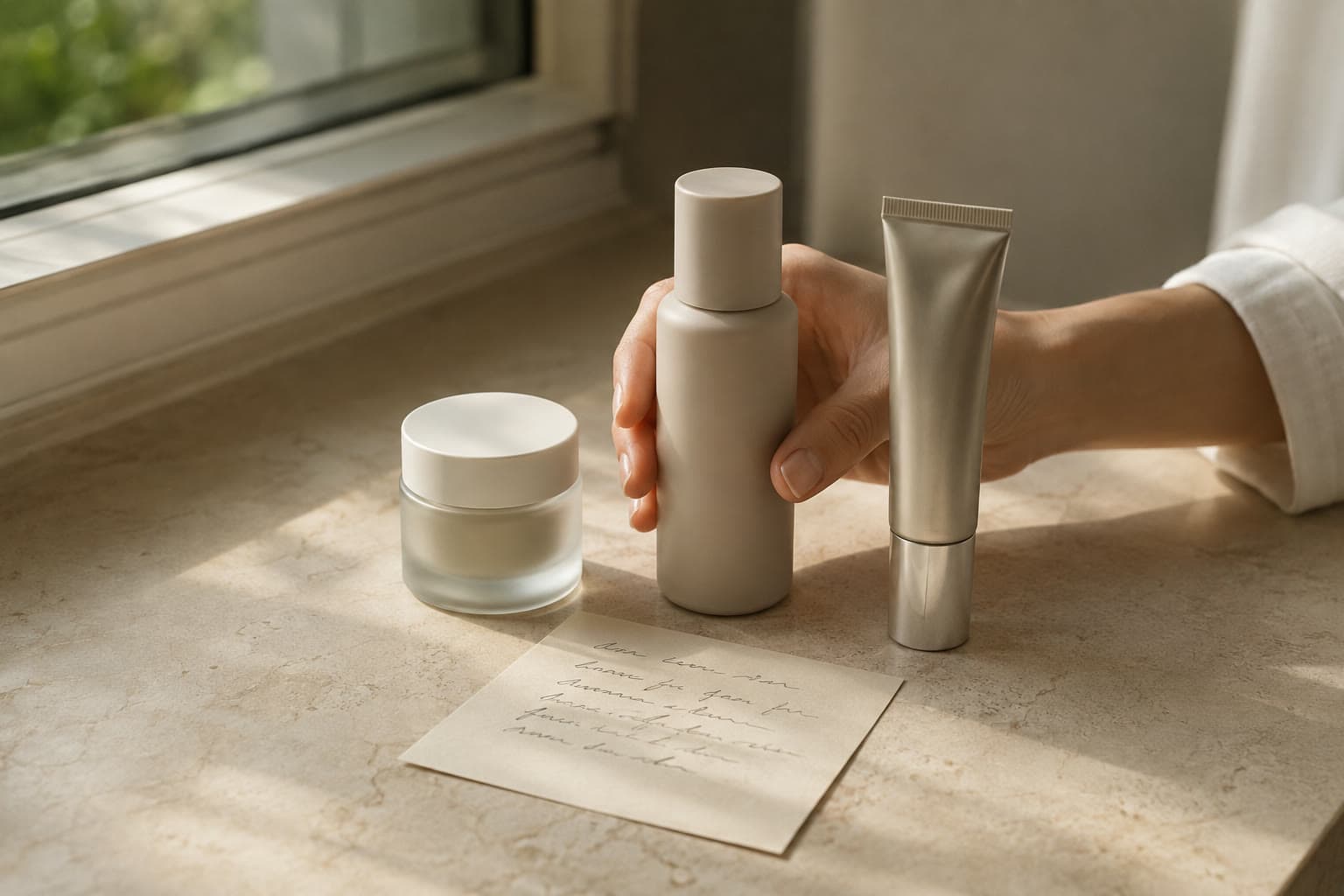 A hand selecting one of three unbranded skincare products beside a routine card in morning light