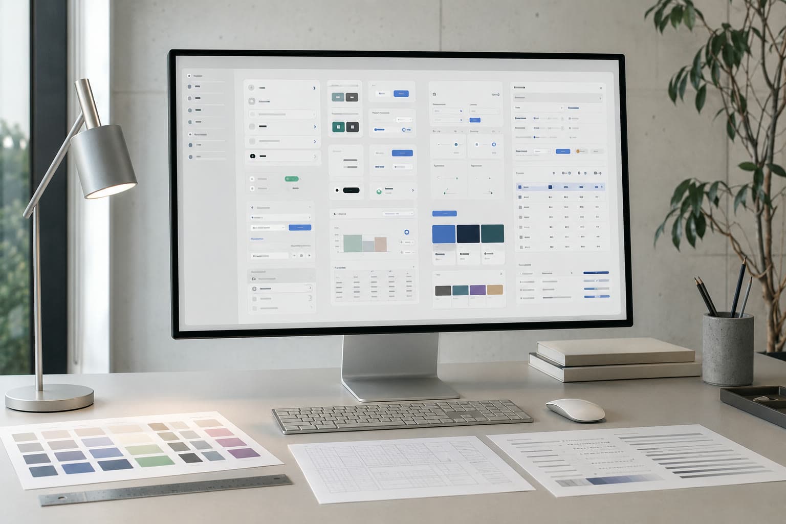 A digital product component library displayed beside printed colour tokens and layout grids