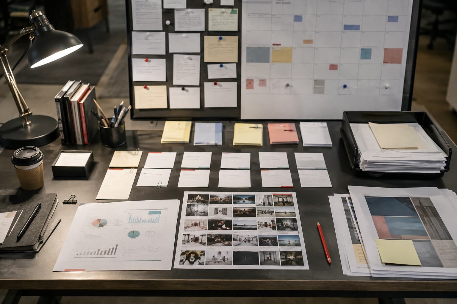 An editorial planning desk with assignment cards, a publishing calendar, analytics and contact sheets