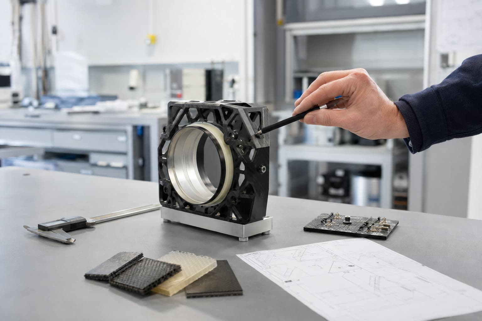An engineer inspecting a physical prototype beside test materials, calipers and technical drawings