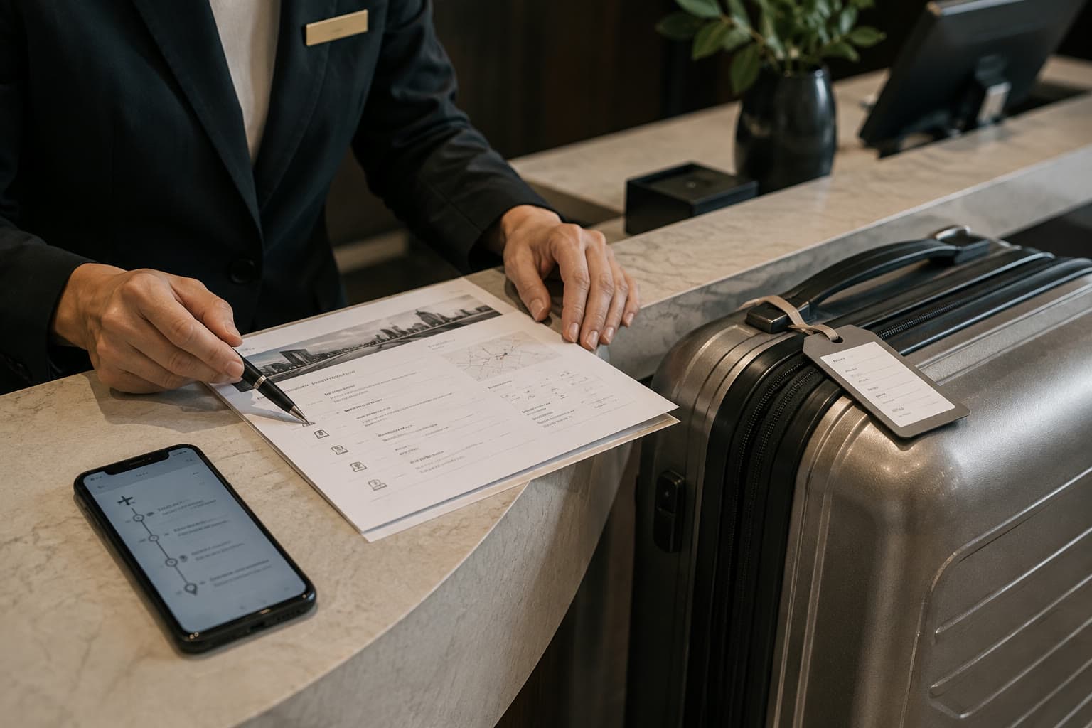 A travel service specialist reviewing an itinerary beside a suitcase and route notification