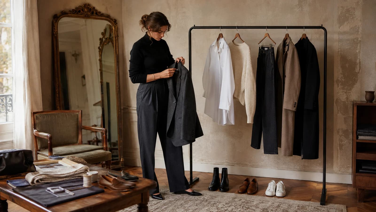 Person building a colourful capsule wardrobe with repair tools and a handwritten wear tracker