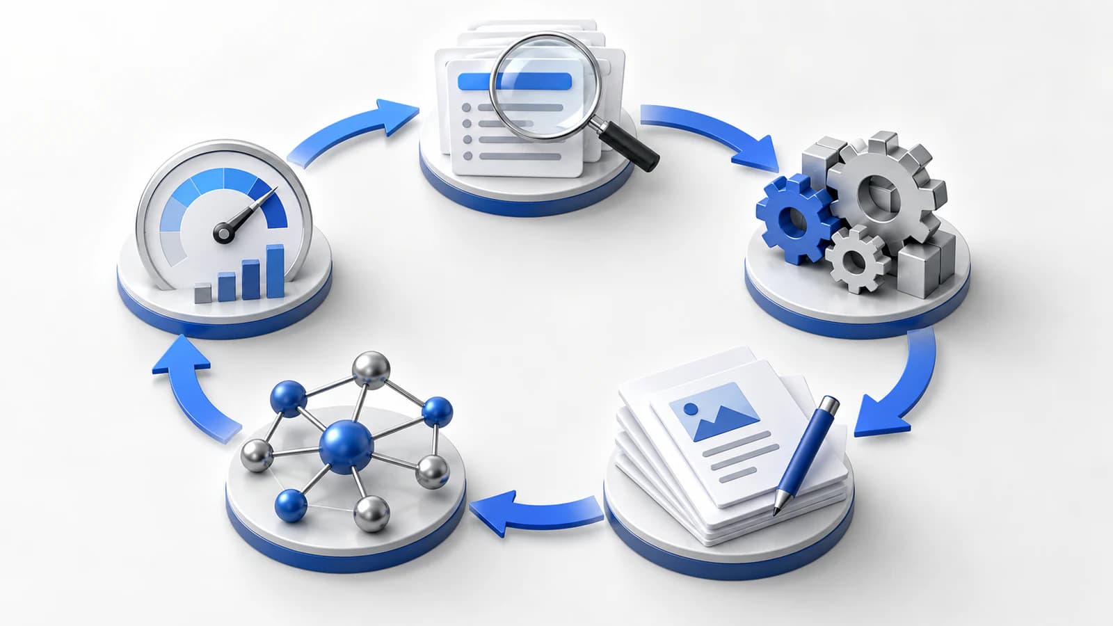 Цикл SEO из исследования, техники, контента, внешних сигналов и измерения