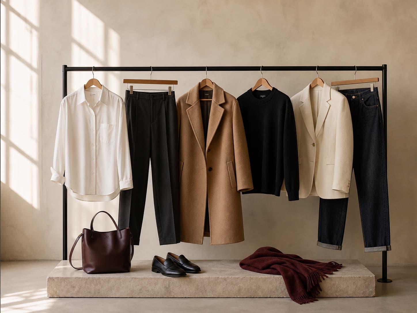 Curated neutral capsule wardrobe with tailoring, knitwear, denim, shoes and a leather bag