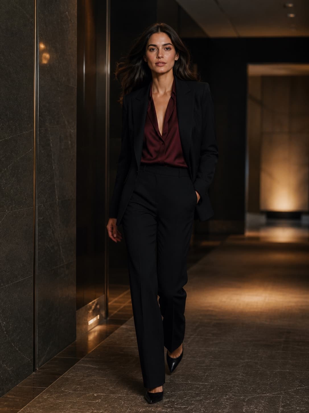 Evening styling direction with a black tailored suit and deep burgundy silk shirt
