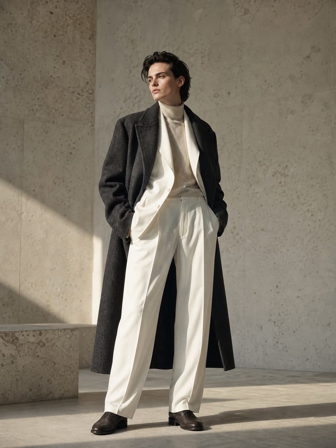 Editorial full-length ivory and charcoal tailoring selected for a personal styling direction