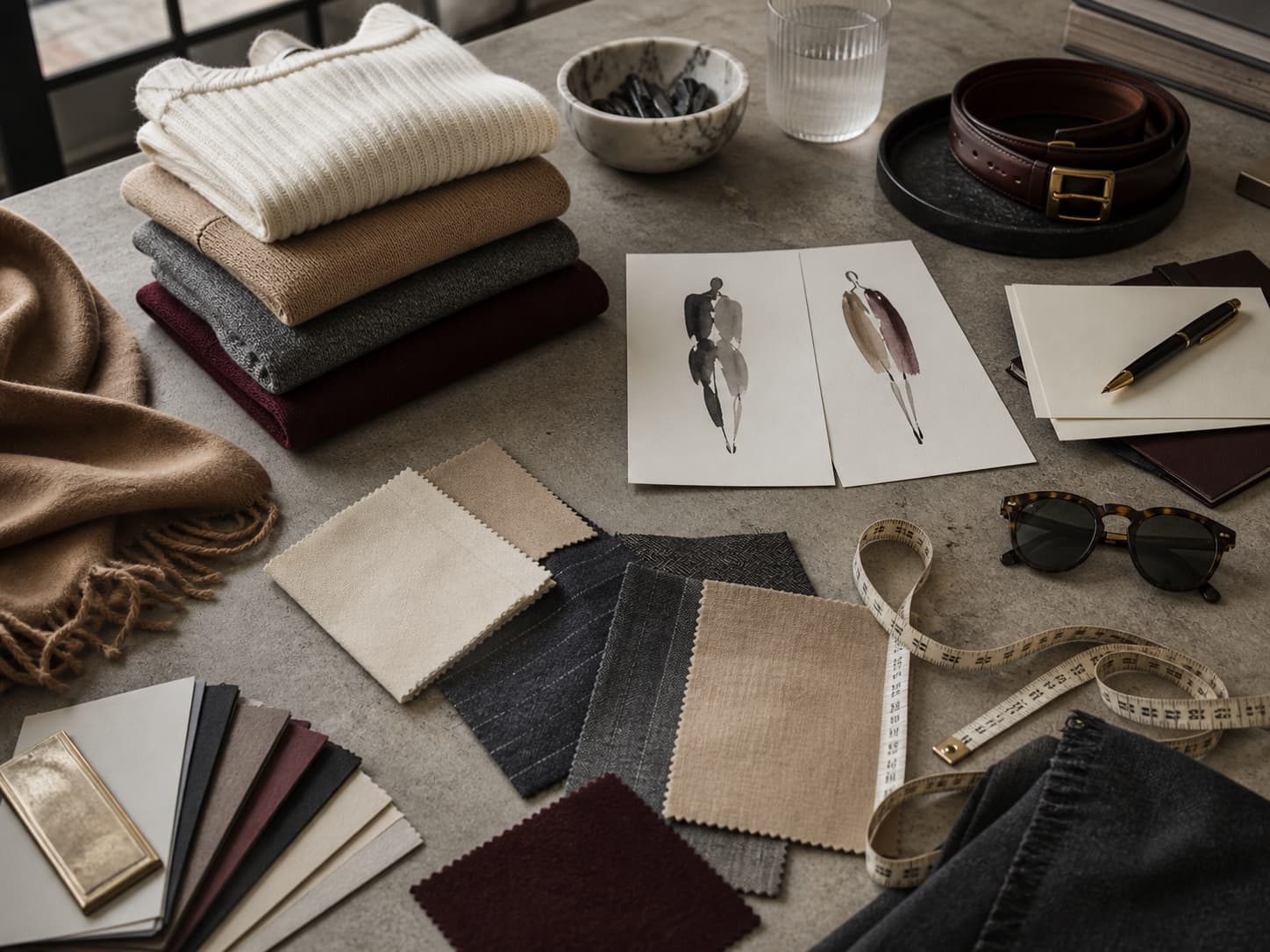 Stylist worktable with knitwear, fabric samples, accessories and silhouette studies